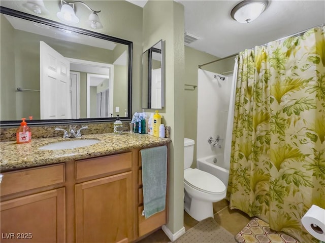 bathroom featuring toilet, shower / bath combo with shower curtain, tile patterned floors, visible vents, and vanity