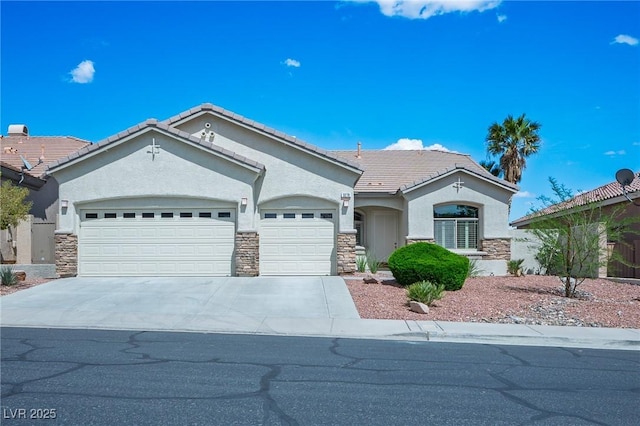 3278 Turning Bridge St, Las Vegas, NV 89135 - ranch-style house with stone siding, stucco siding, a tiled roof, an attached garage, and driveway
