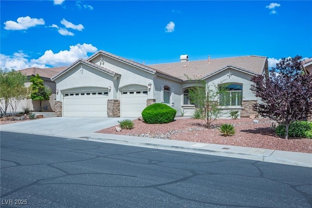 3278 Turning Bridge St, Las Vegas, NV 89135 - single story home featuring stone siding, stucco siding, a tiled roof, an attached garage, and driveway
