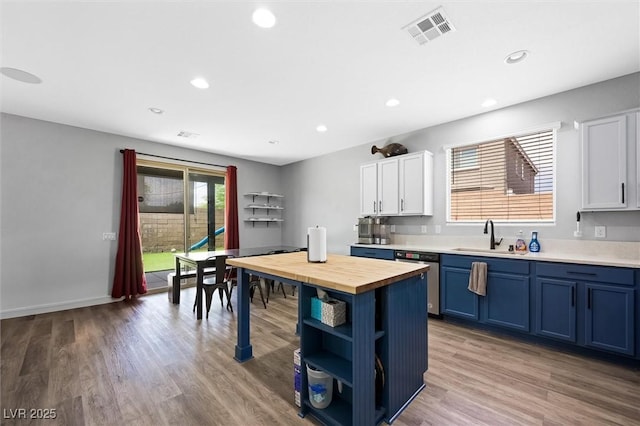 5631 Hill Cliff Ct, North Las Vegas, NV 89031 - kitchen with blue cabinetry, a sink, stainless steel dishwasher, butcher block counters, and open shelves