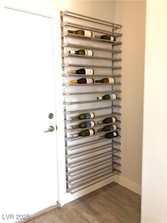 wine area featuring baseboards and wood finished floors