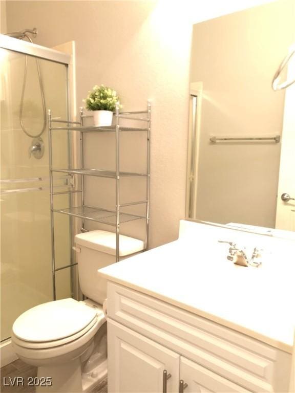 bathroom featuring vanity, toilet, and a stall shower