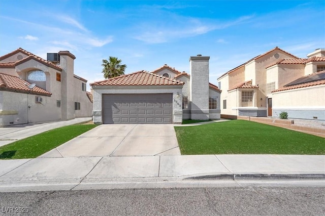 mediterranean / spanish-style house featuring an attached garage, a tile roof, stucco siding, a front yard, and driveway