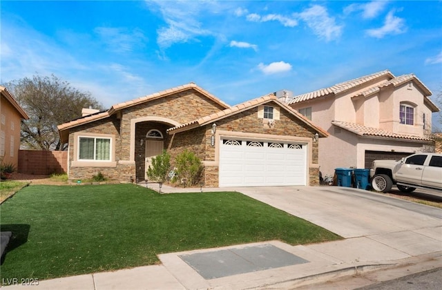 2903 Galena Peak Ln, Las Vegas, NV 89156 - view of front of house with concrete driveway, a front yard, an attached garage, and stone siding