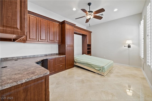 2742 Darby Falls Dr, Las Vegas, NV 89134 - bedroom with recessed lighting, multiple windows, built in study area, and a ceiling fan