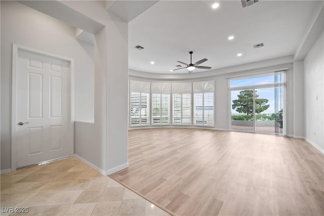 2742 Darby Falls Dr, Las Vegas, NV 89134 - unfurnished living room featuring baseboards, a ceiling fan, recessed lighting, and light wood finished floors