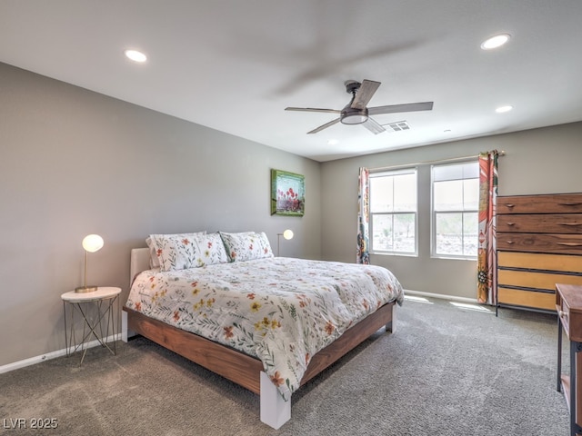 bedroom featuring baseboards, carpet flooring, recessed lighting, and visible vents