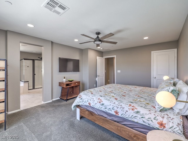 carpeted bedroom featuring recessed lighting, baseboards, visible vents, and a ceiling fan