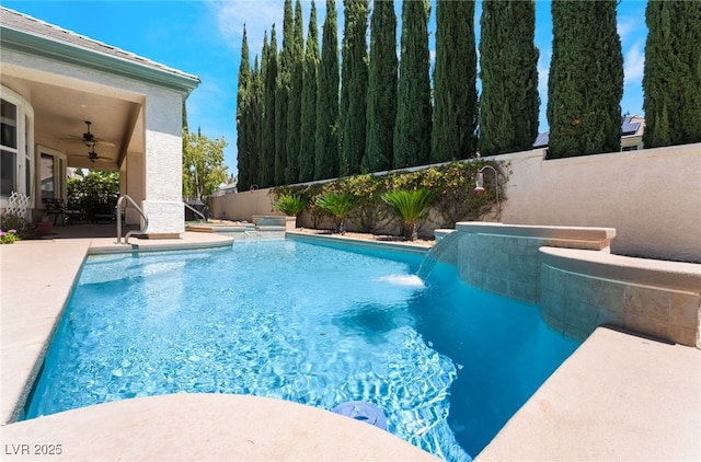 view of pool featuring a fenced in pool, a ceiling fan, a fenced backyard, and a patio area