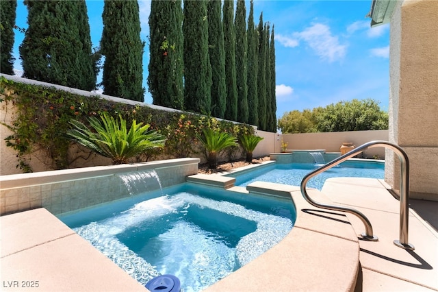 view of pool with a fenced in pool, a fenced backyard, and an in ground hot tub