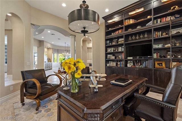 17 Grand Corniche Dr, Henderson, NV 89011 - office featuring ornate columns, arched walkways, baseboards, and recessed lighting