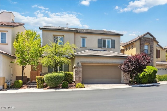 traditional-style house with a garage and stucco siding