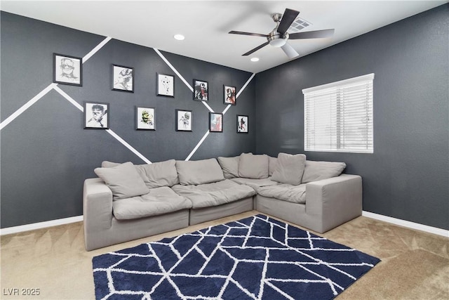 living room featuring carpet floors, ceiling fan, baseboards, and recessed lighting
