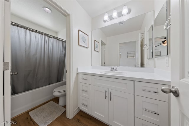 2606 Marvel Astoria St, Henderson, NV 89044 - bathroom with vanity, toilet, shower / bathtub combination with curtain, wood finished floors, and visible vents