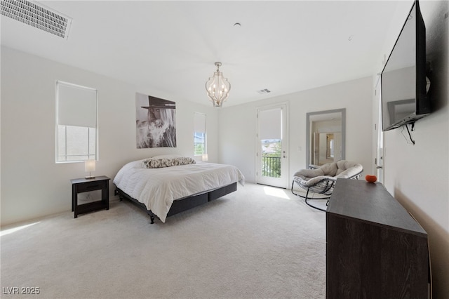 2606 Marvel Astoria St, Henderson, NV 89044 - bedroom featuring light colored carpet, visible vents, access to exterior, and an inviting chandelier