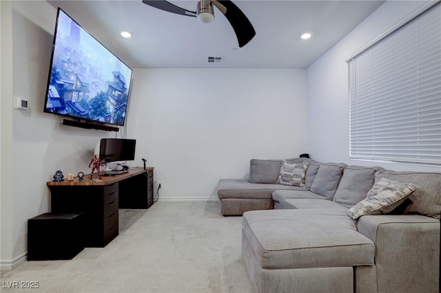 242 Polaris Ridge Ave, Henderson, NV 89011 - living area featuring visible vents, recessed lighting, light carpet, a ceiling fan, and baseboards