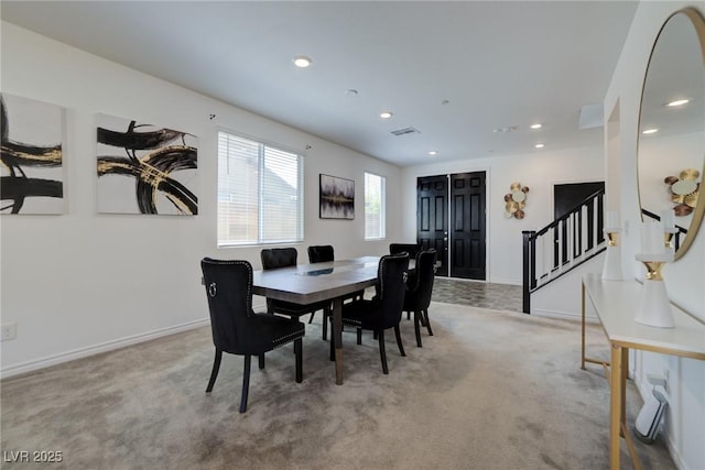 242 Polaris Ridge Ave, Henderson, NV 89011 - dining area with stairs, carpet, visible vents, recessed lighting, and baseboards