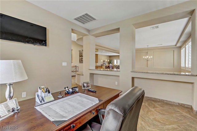 home office featuring a chandelier and visible vents