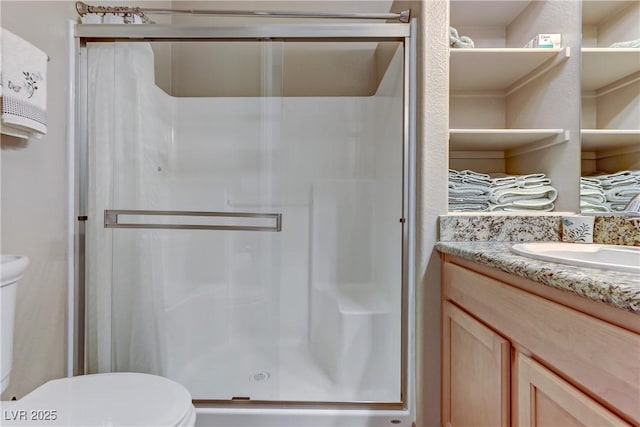 bathroom featuring vanity, a stall shower, and toilet