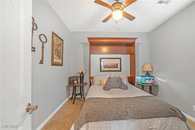 bedroom with visible vents, baseboards, and ceiling fan