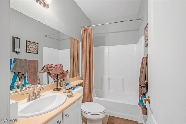 full bath with toilet, shower / bath combination with curtain, and vanity