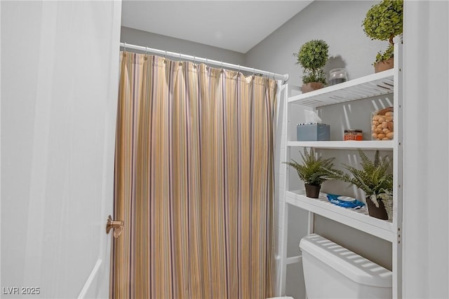 bathroom with toilet and a shower with curtain