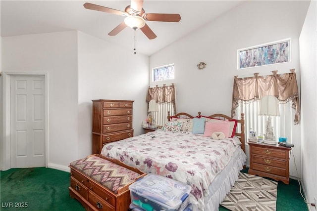 7874 Trail Boss Ct, Las Vegas, NV 89113 - bedroom featuring light carpet, lofted ceiling, and a ceiling fan