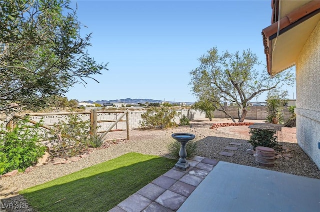view of yard with a fenced backyard, a mountain view, and a patio