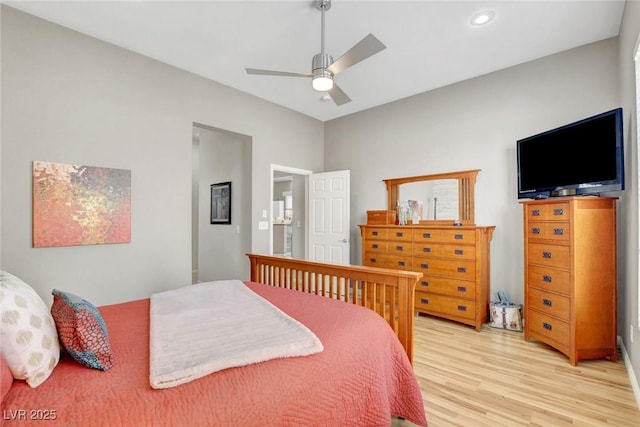 bedroom featuring recessed lighting, ceiling fan, and light wood-type flooring