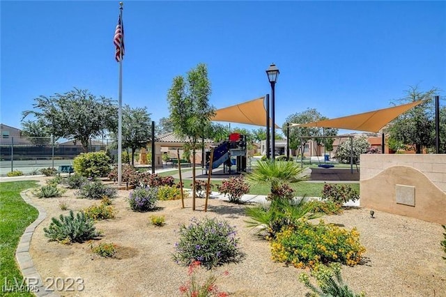 view of property's community featuring fence and playground community