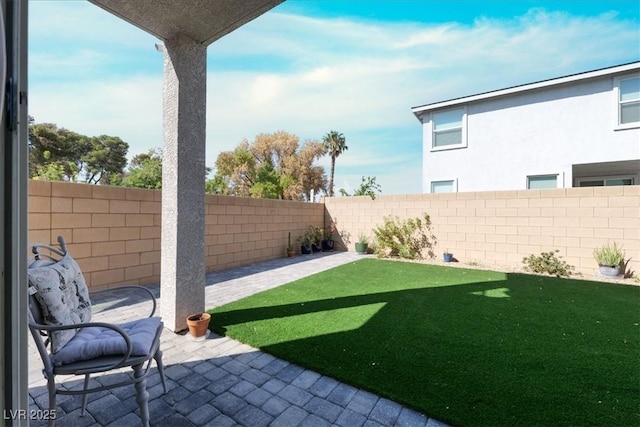 view of yard featuring a patio and a fenced backyard