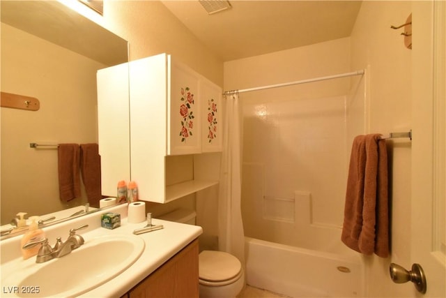 full bathroom featuring vanity, shower / tub combo, toilet, and visible vents