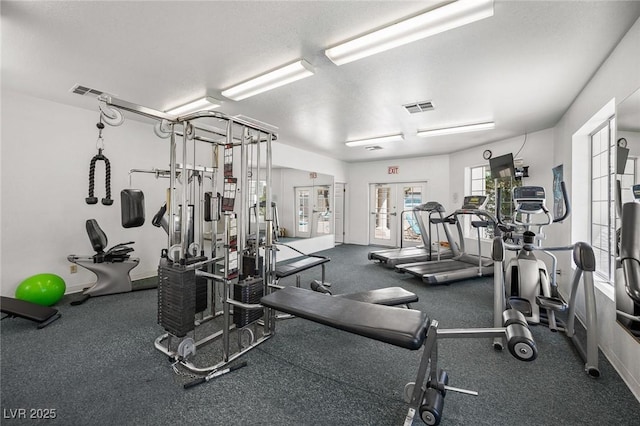 workout area featuring french doors and visible vents