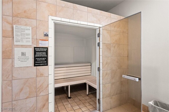 view of sauna / steam room with tile patterned floors