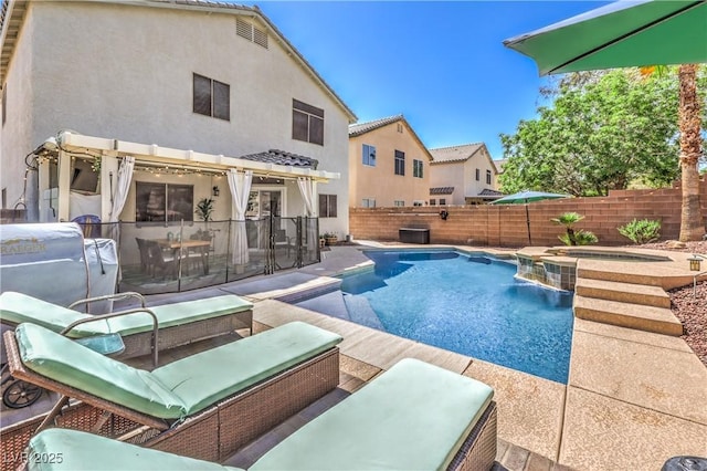 view of swimming pool with an in ground hot tub, a patio area, a fenced in pool, a fenced backyard, and a pergola
