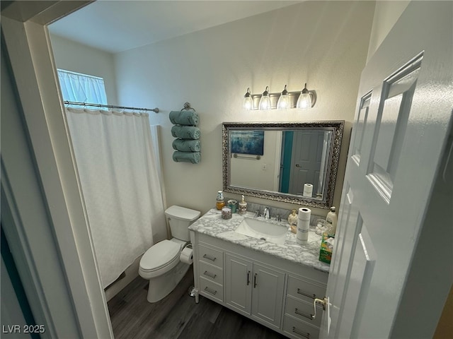full bath featuring vanity, wood finished floors, toilet, and curtained shower