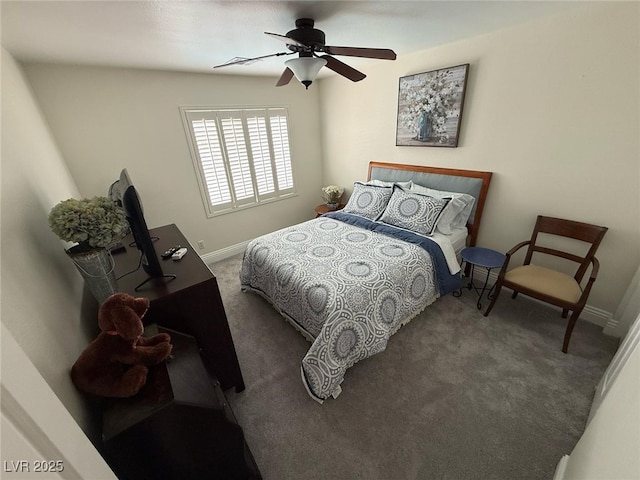 bedroom featuring baseboards, ceiling fan, and carpet