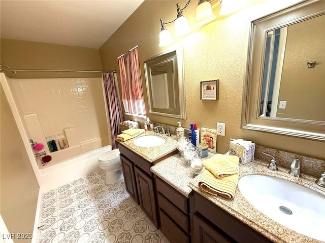 bathroom featuring toilet, shower / bath combo, and vanity