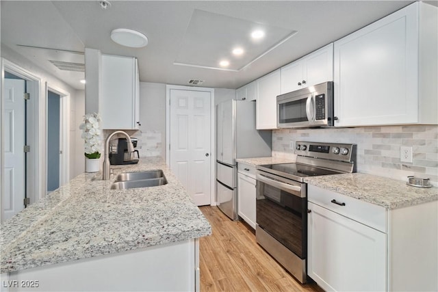 3550 Bay Sands Dr Unit 2101, Laughlin, NV 89029 - kitchen featuring light wood-style floors, white cabinets, a sink, backsplash, and stainless steel appliances
