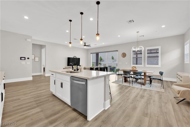 kitchen with visible vents, a kitchen island with sink, light wood-type flooring, white cabinetry, and dishwasher