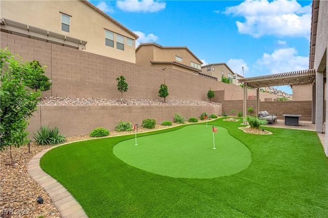view of yard featuring a patio and a fenced backyard