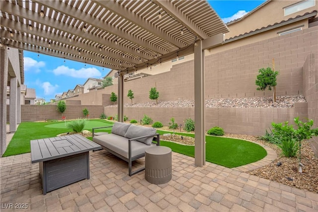 view of patio / terrace with a fenced backyard and a pergola