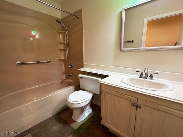 bathroom with vanity, shower / bathing tub combination, toilet, and tile patterned flooring