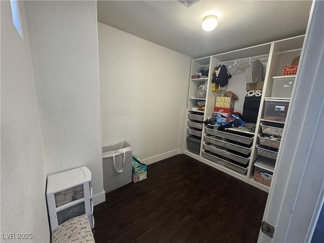 spacious closet with dark wood finished floors
