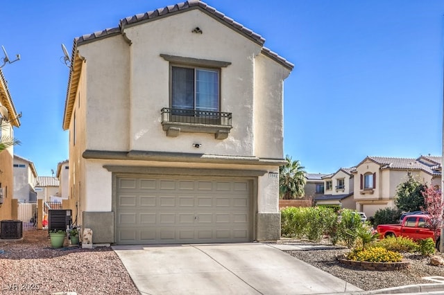 3592 Gloucester Gate St, Las Vegas, NV 89122 - mediterranean / spanish home with driveway, a residential view, central AC, an attached garage, and stucco siding