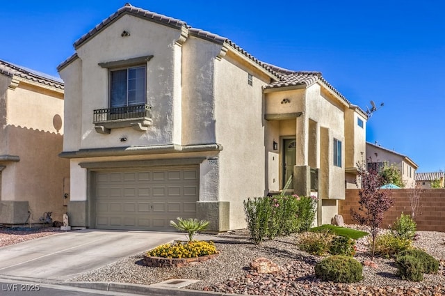 3592 Gloucester Gate St, Las Vegas, NV 89122 - mediterranean / spanish house with a garage, fence, stucco siding, driveway, and a tile roof