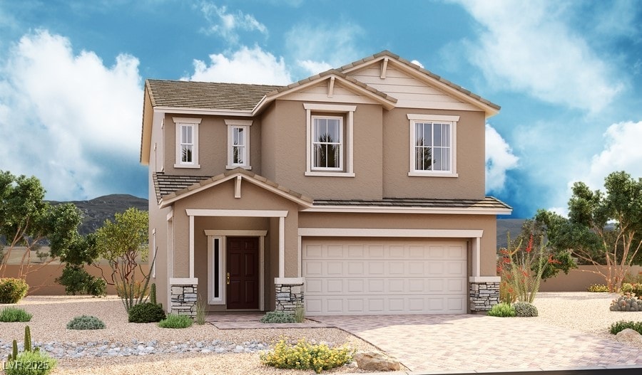 craftsman-style house featuring stucco siding, decorative driveway, a tile roof, and a garage