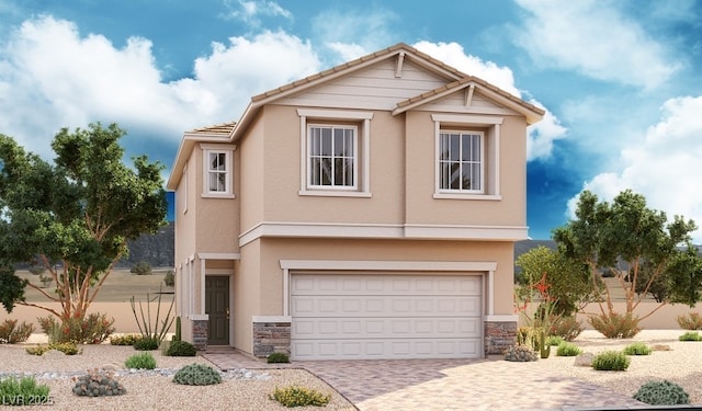 view of front of property featuring a tiled roof, a garage, decorative driveway, stone siding, and stucco siding