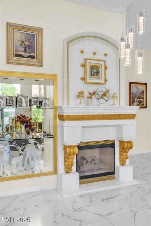 details featuring a large fireplace