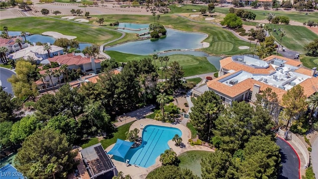 drone / aerial view featuring a water view and golf course view